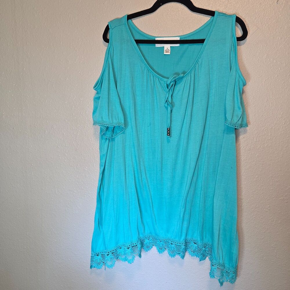 French Laundry Aqua Teal Lace Trim Cold Shoulder Top 2X